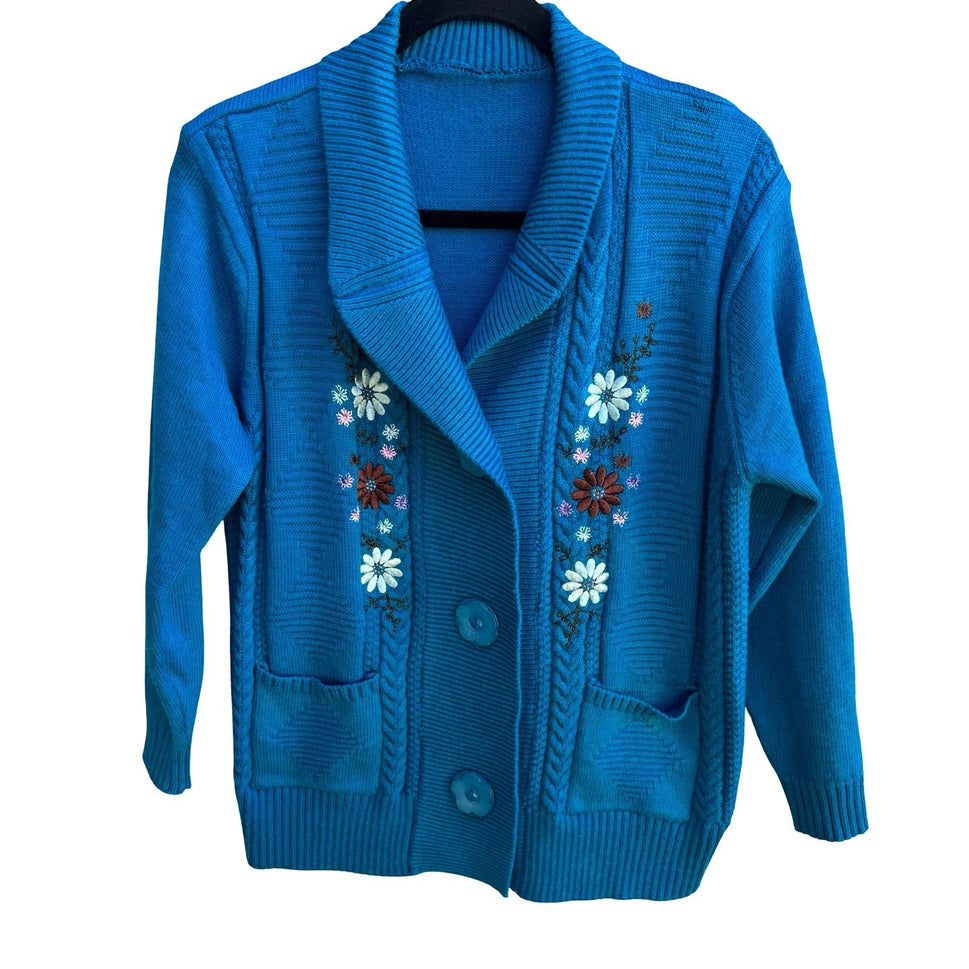 Cottagecore Floral Embroidered Shawl Collar Chunky Knit Cardigan Sweater Blue L
