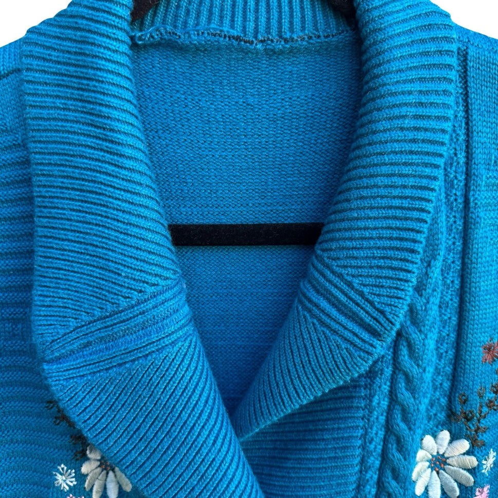 Cottagecore Floral Embroidered Shawl Collar Chunky Knit Cardigan Sweater Blue L