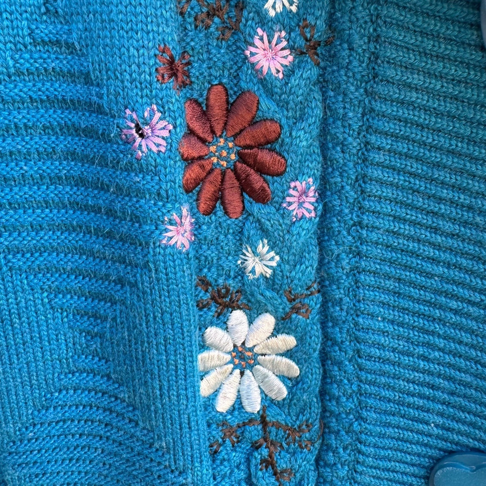 Cottagecore Floral Embroidered Shawl Collar Chunky Knit Cardigan Sweater Blue L