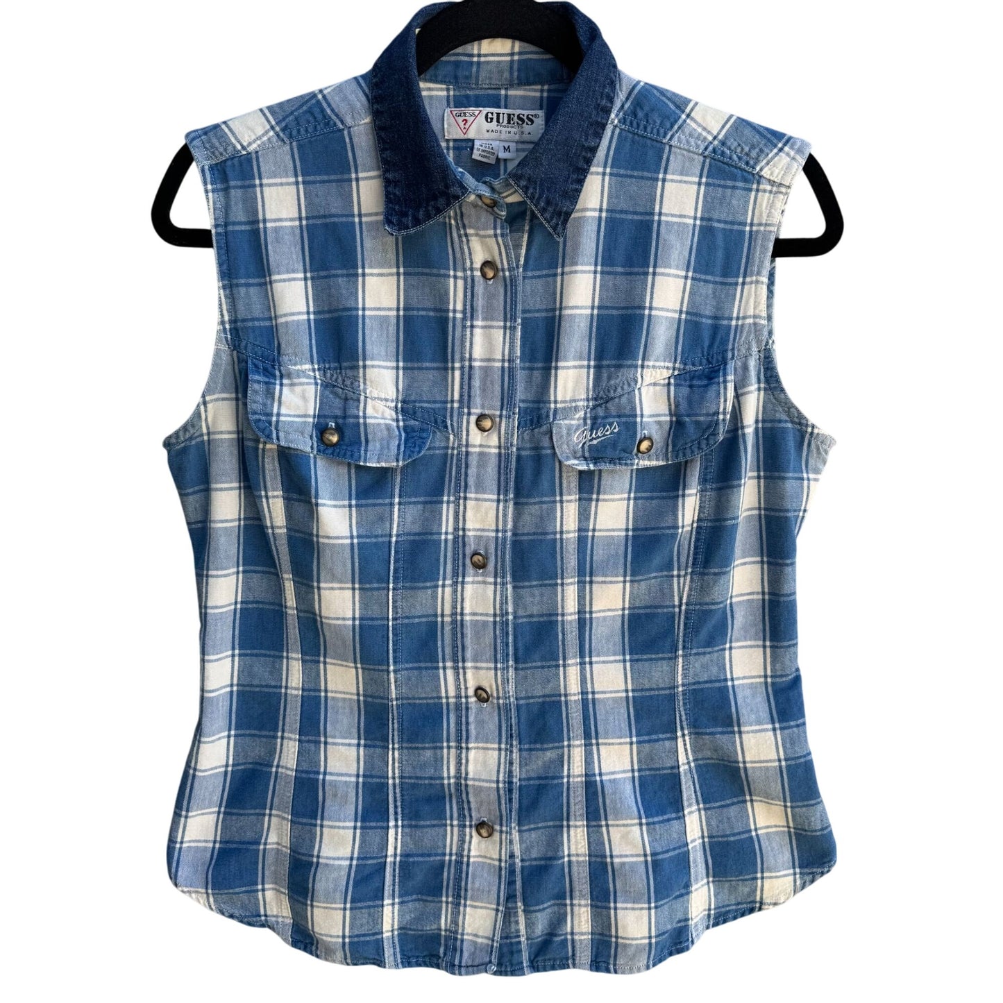 Guess Vintage 90s Womens Blue Plaid Sleeveless Denim Collar Button-Up Shirt M