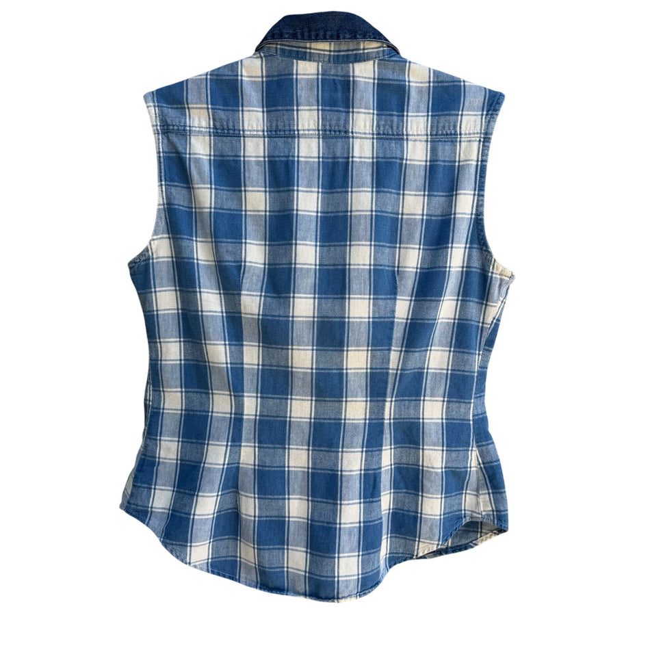 Guess Vintage 90s Womens Blue Plaid Sleeveless Denim Collar Button-Up Shirt M