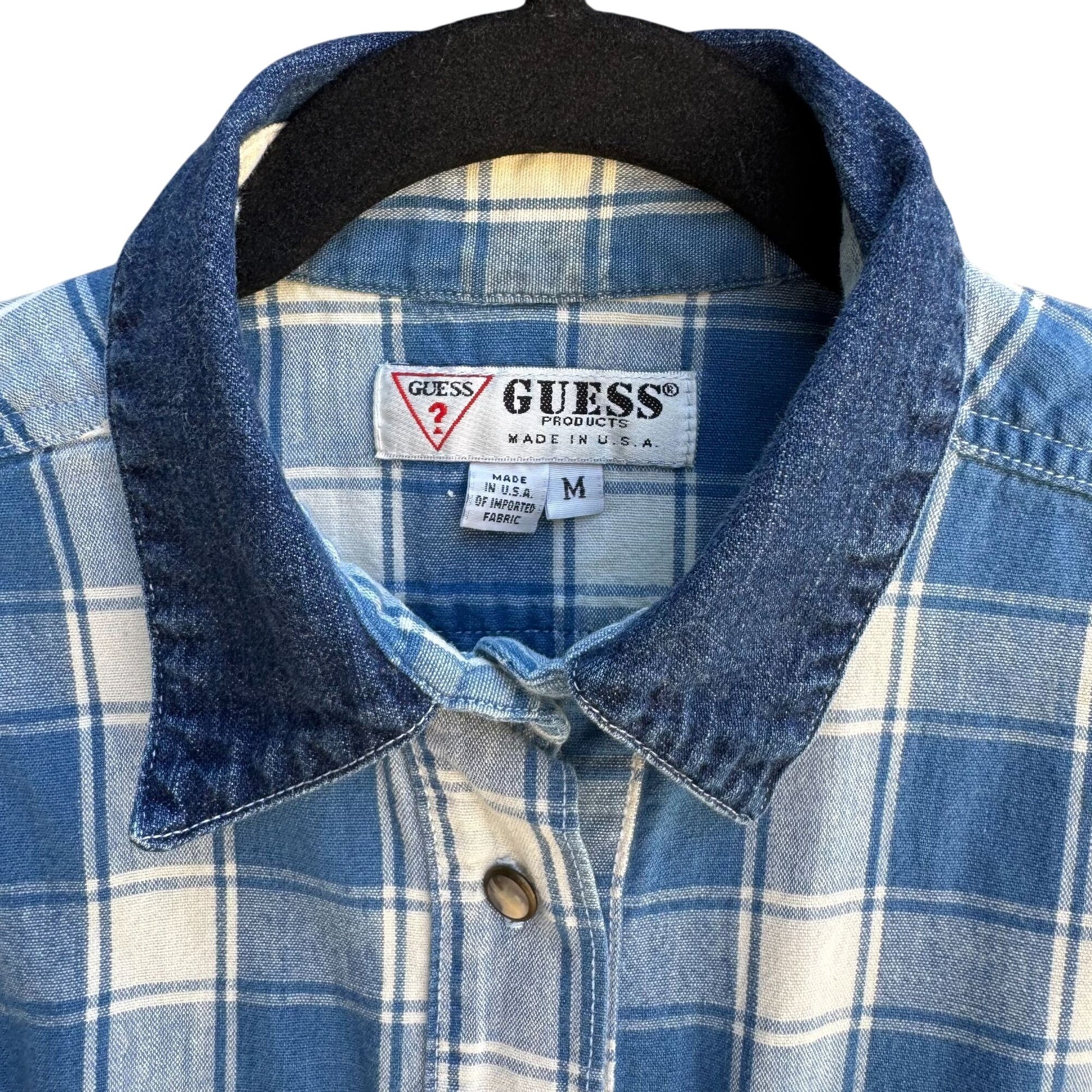 Guess Vintage 90s Womens Blue Plaid Sleeveless Denim Collar Button-Up Shirt M