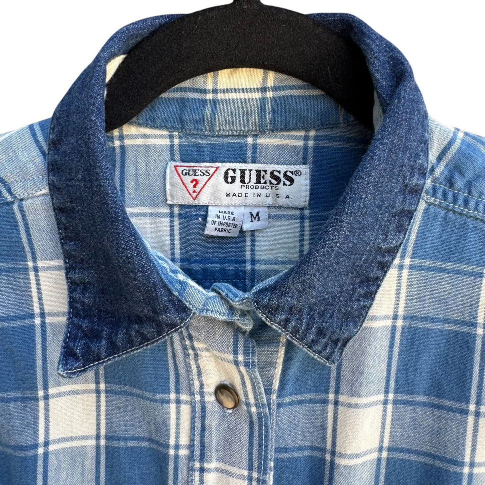 Guess Vintage 90s Womens Blue Plaid Sleeveless Denim Collar Button-Up Shirt M