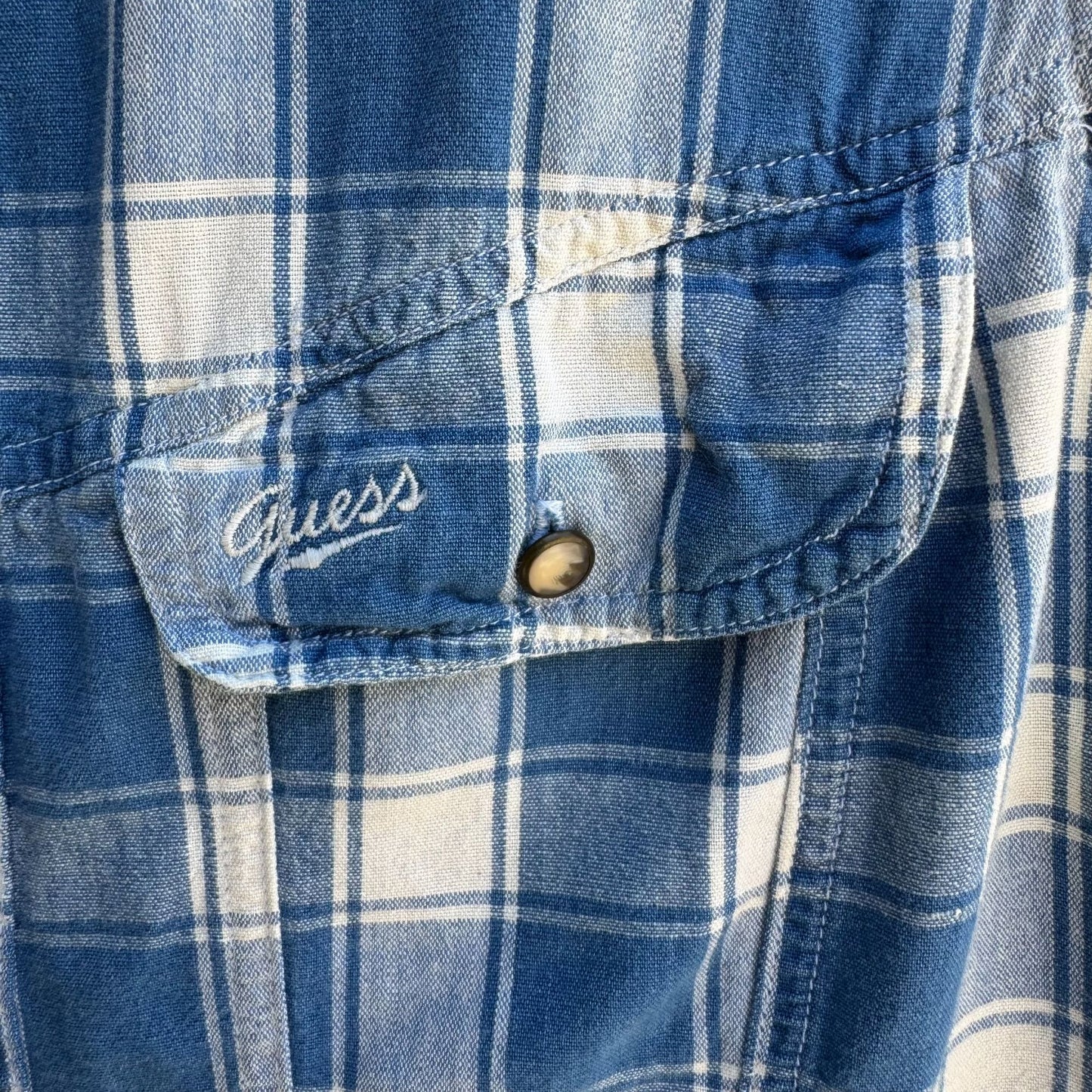 Guess Vintage 90s Womens Blue Plaid Sleeveless Denim Collar Button-Up Shirt M