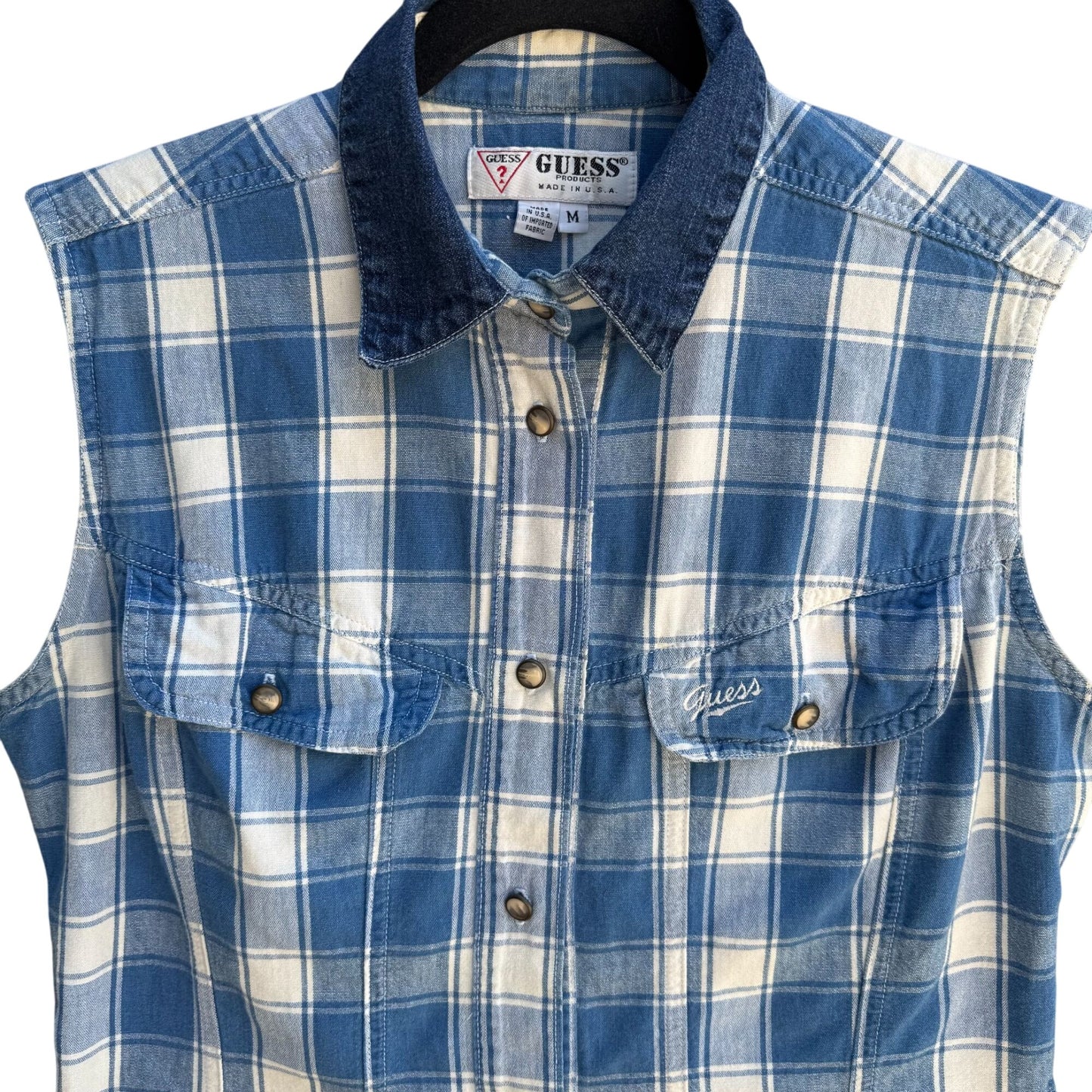 Guess Vintage 90s Womens Blue Plaid Sleeveless Denim Collar Button-Up Shirt M