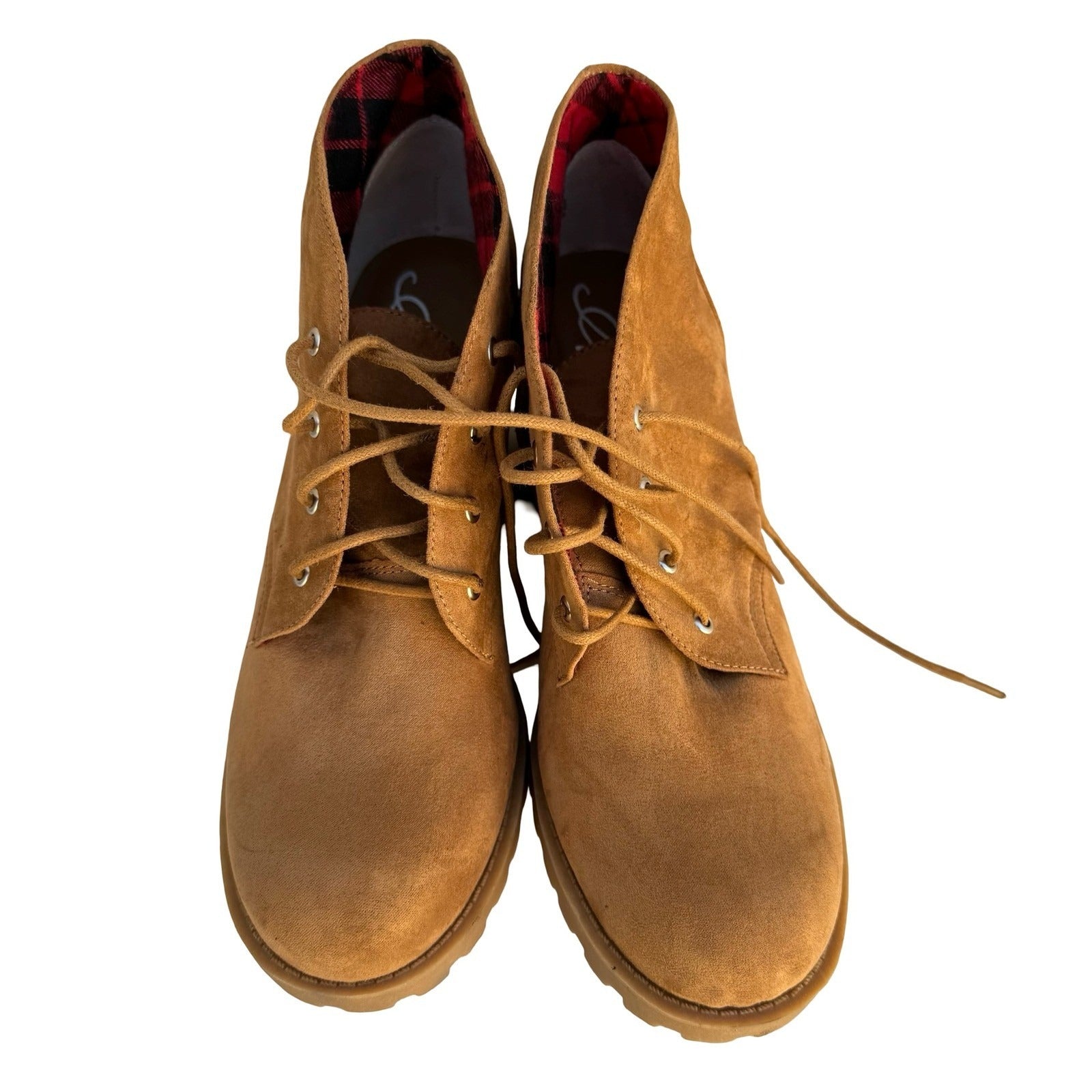 American Rag Reaghan Hiker Boots Tan Faux Suede Plaid Lining Womens 10M Lug Sole