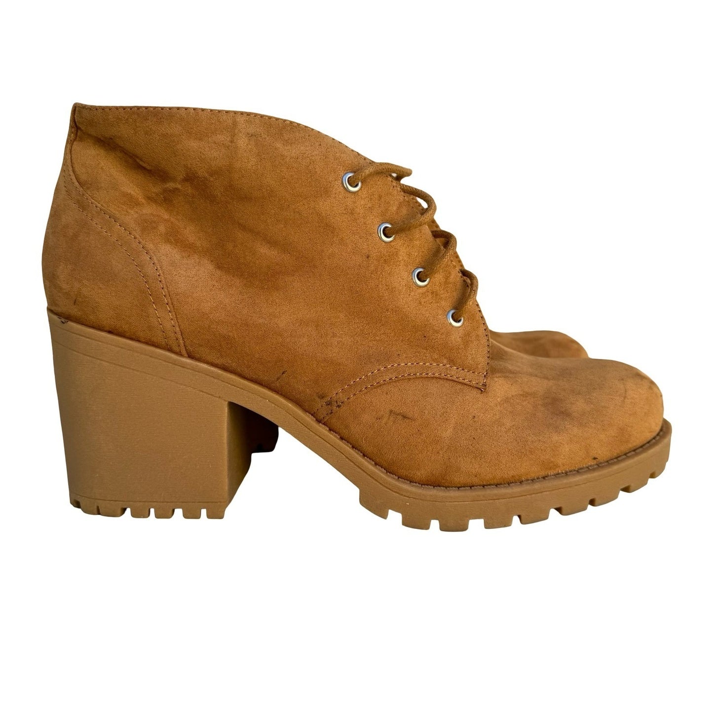 American Rag Reaghan Hiker Boots Tan Faux Suede Plaid Lining Womens 10M Lug Sole