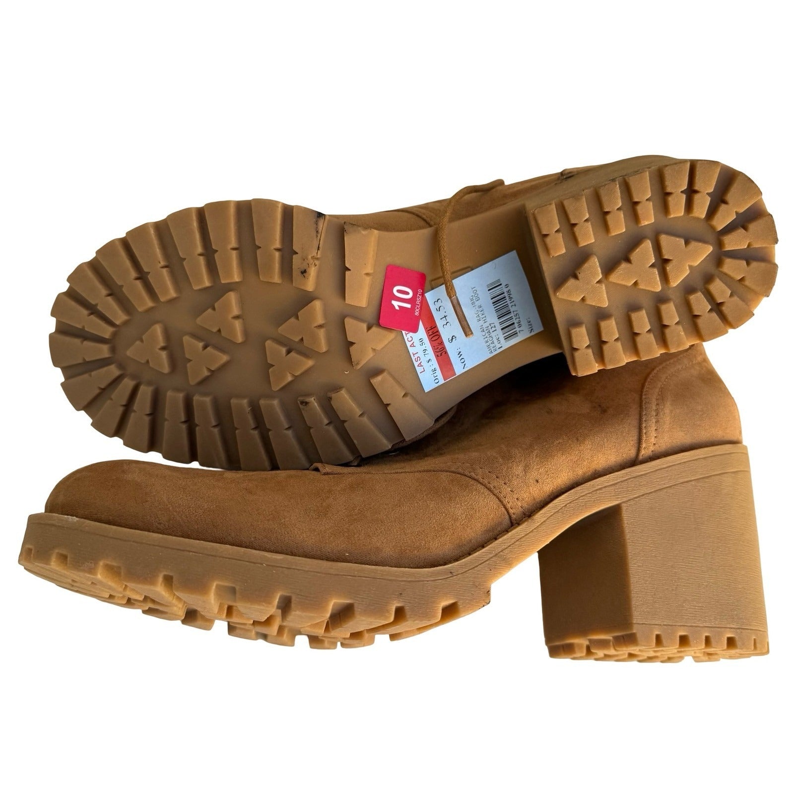 American Rag Reaghan Hiker Boots Tan Faux Suede Plaid Lining Womens 10M Lug Sole