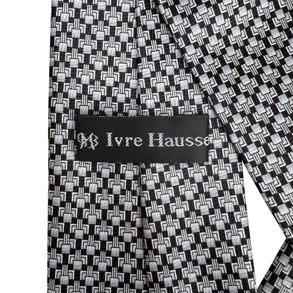 Ivre Hausse Vintage Mens Black & White Geometric Pattern Silk Tie Necktie