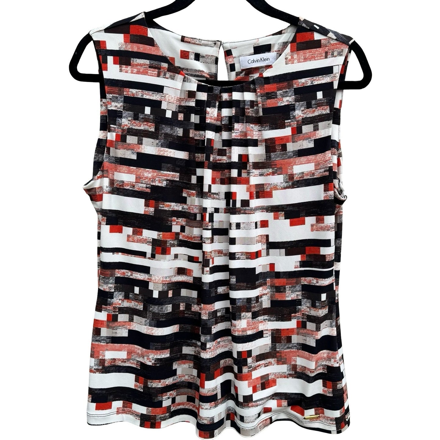 Calvin Klein Womens Sleeveless Pleat Neck Shell Top Geometric Print Black Red L