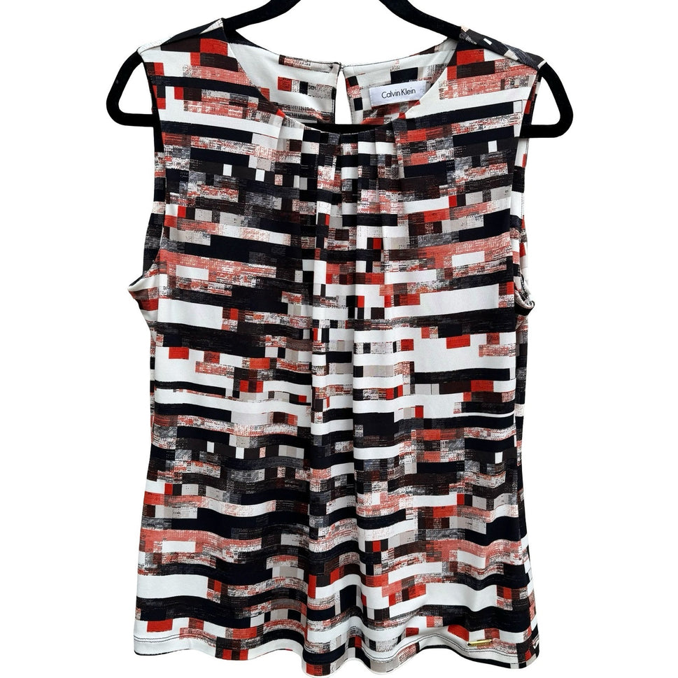 Calvin Klein Womens Sleeveless Pleat Neck Shell Top Geometric Print Black Red L
