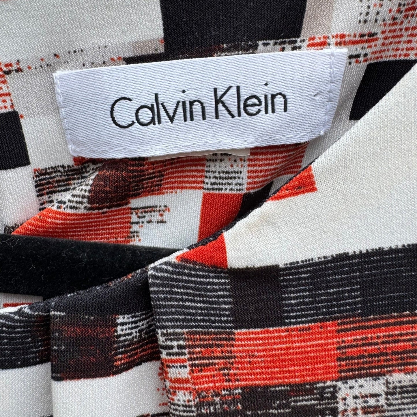 Calvin Klein Womens Sleeveless Pleat Neck Shell Top Geometric Print Black Red L