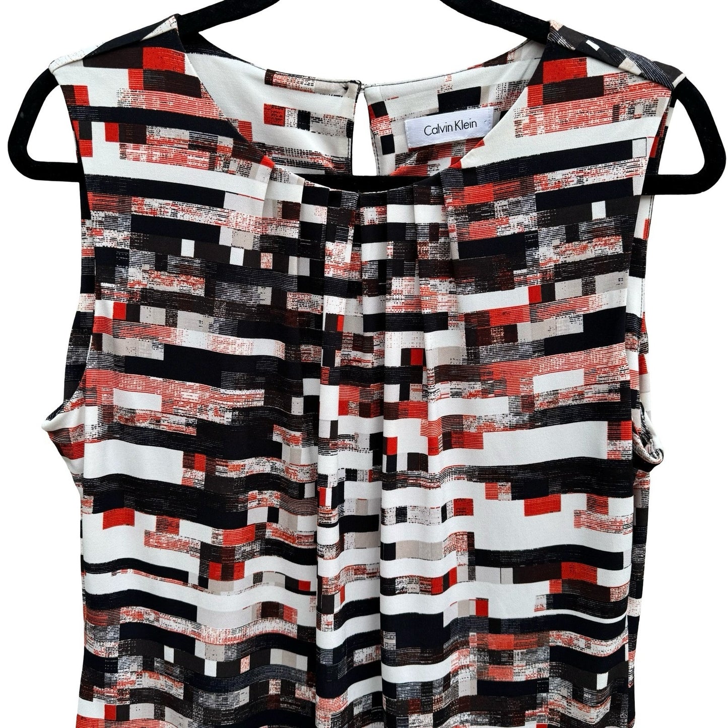 Calvin Klein Womens Sleeveless Pleat Neck Shell Top Geometric Print Black Red L