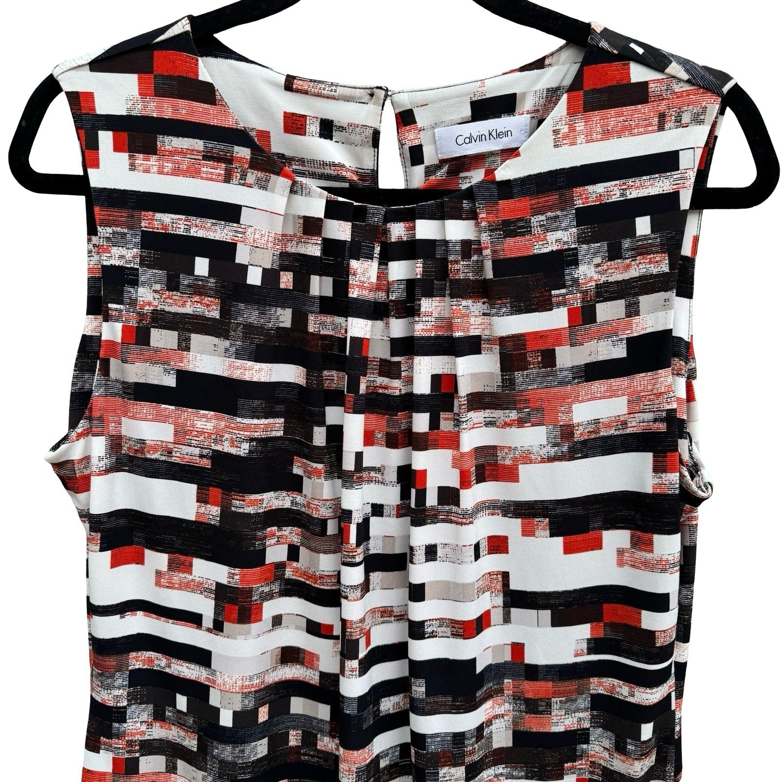 Calvin Klein Womens Sleeveless Pleat Neck Shell Top Geometric Print Black Red L