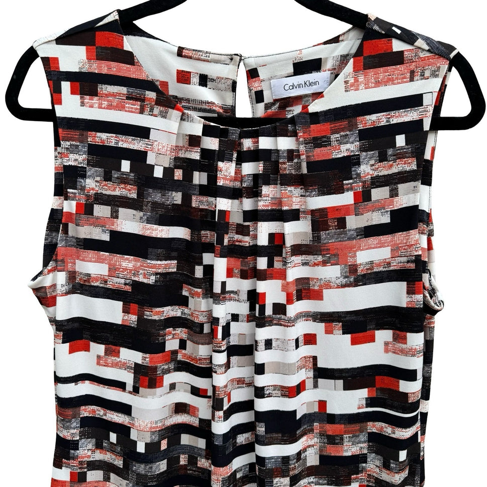 Calvin Klein Womens Sleeveless Pleat Neck Shell Top Geometric Print Black Red L