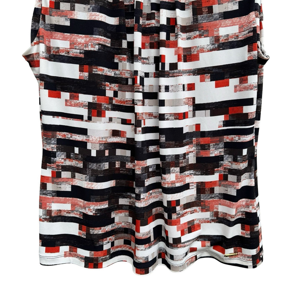 Calvin Klein Womens Sleeveless Pleat Neck Shell Top Geometric Print Black Red L