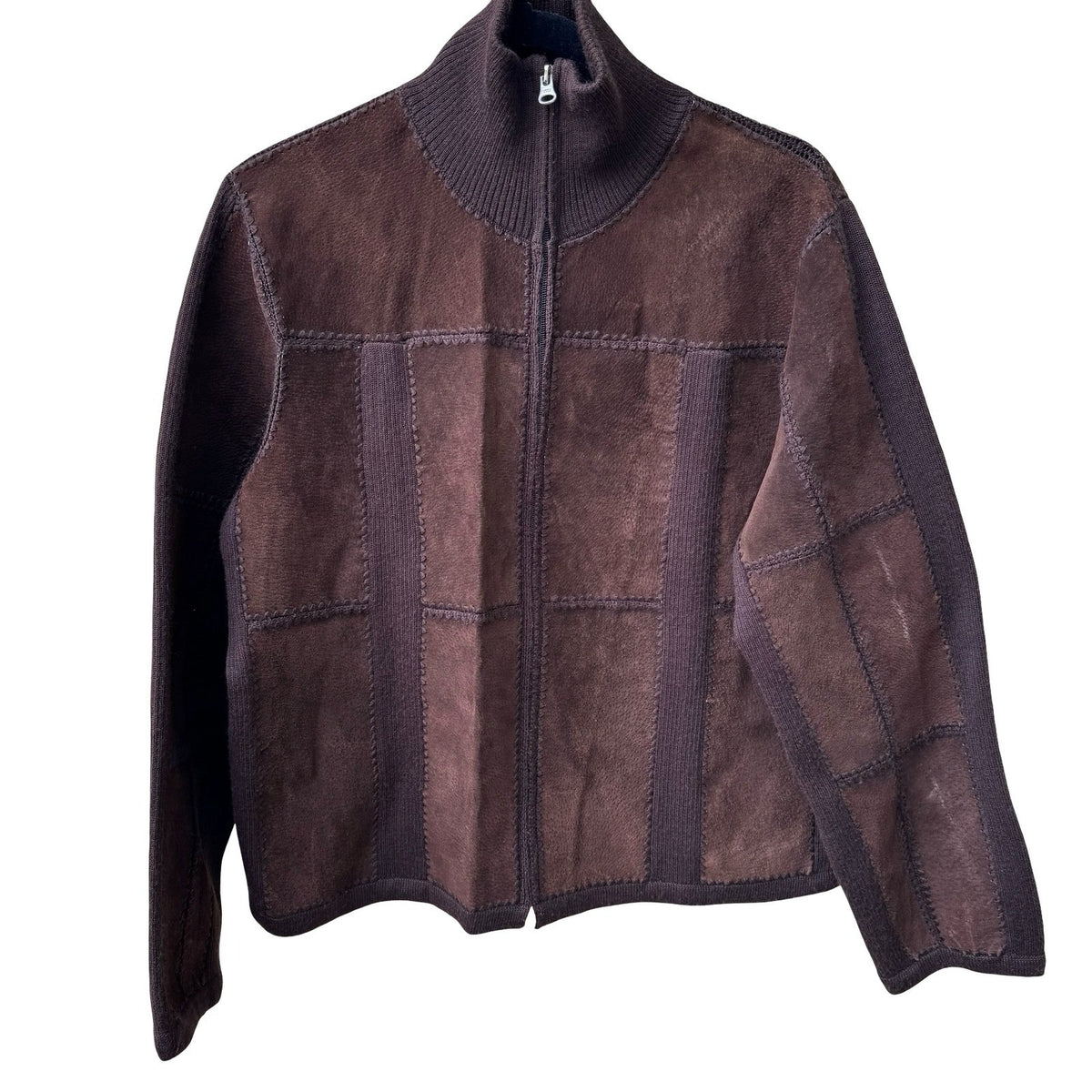 Suede Essentials Boho Western Earthy Patchwork Mock Neck Zip Jacket Brown L