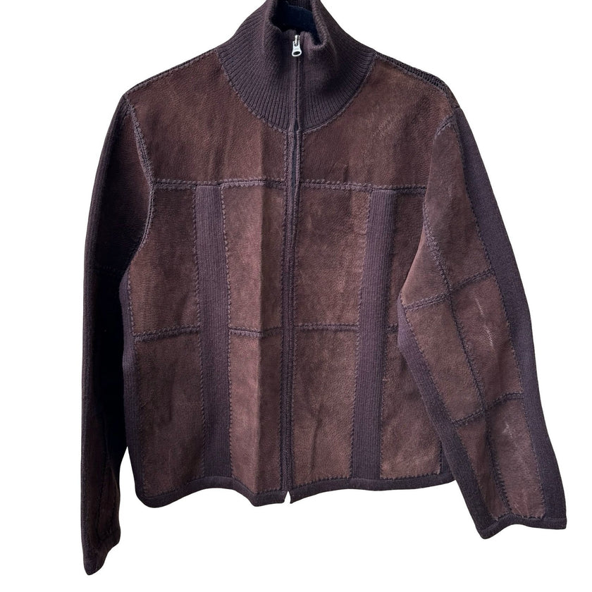 Suede Essentials Boho Western Earthy Patchwork Mock Neck Zip Jacket Brown L