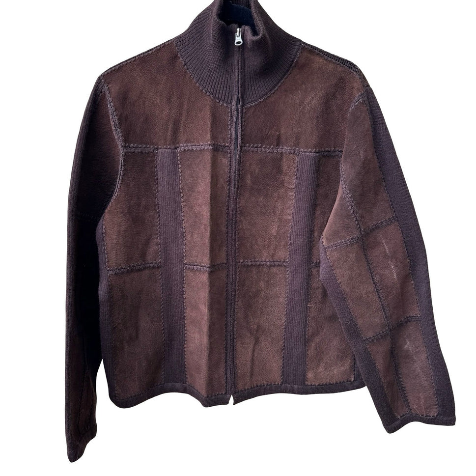 Suede Essentials Boho Western Earthy Patchwork Mock Neck Zip Jacket Brown L