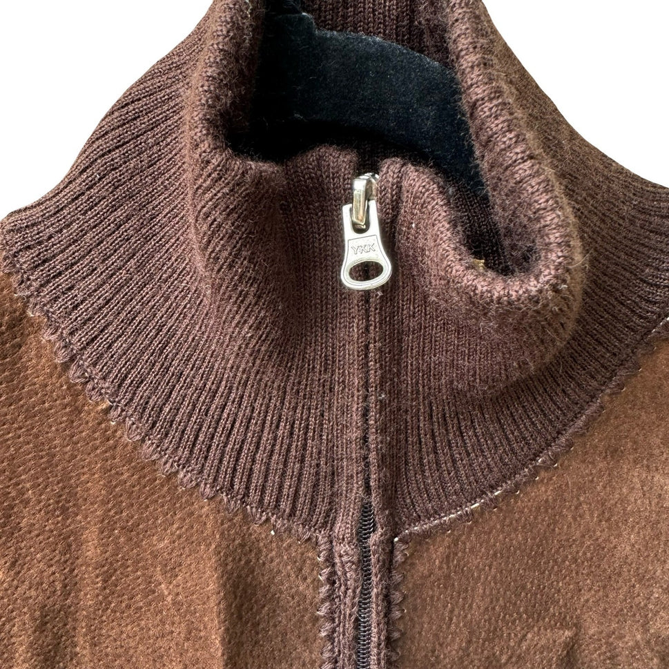 Suede Essentials Boho Western Earthy Patchwork Mock Neck Zip Jacket Brown L