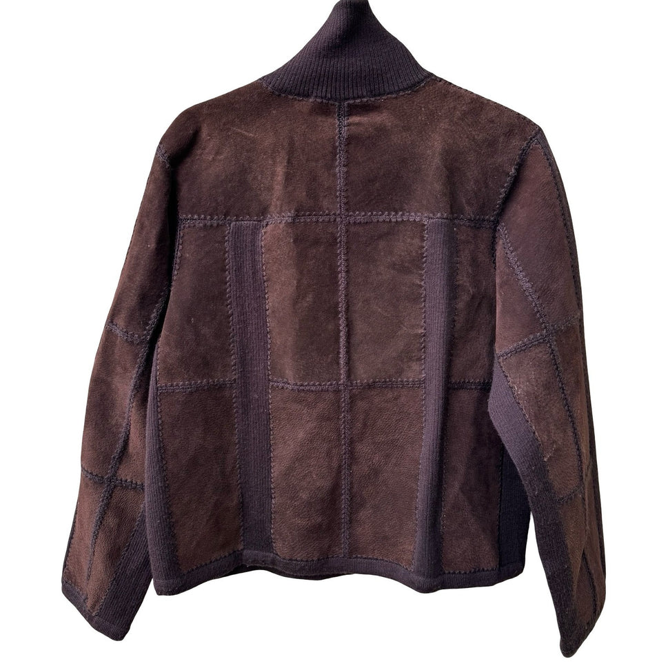 Suede Essentials Boho Western Earthy Patchwork Mock Neck Zip Jacket Brown L