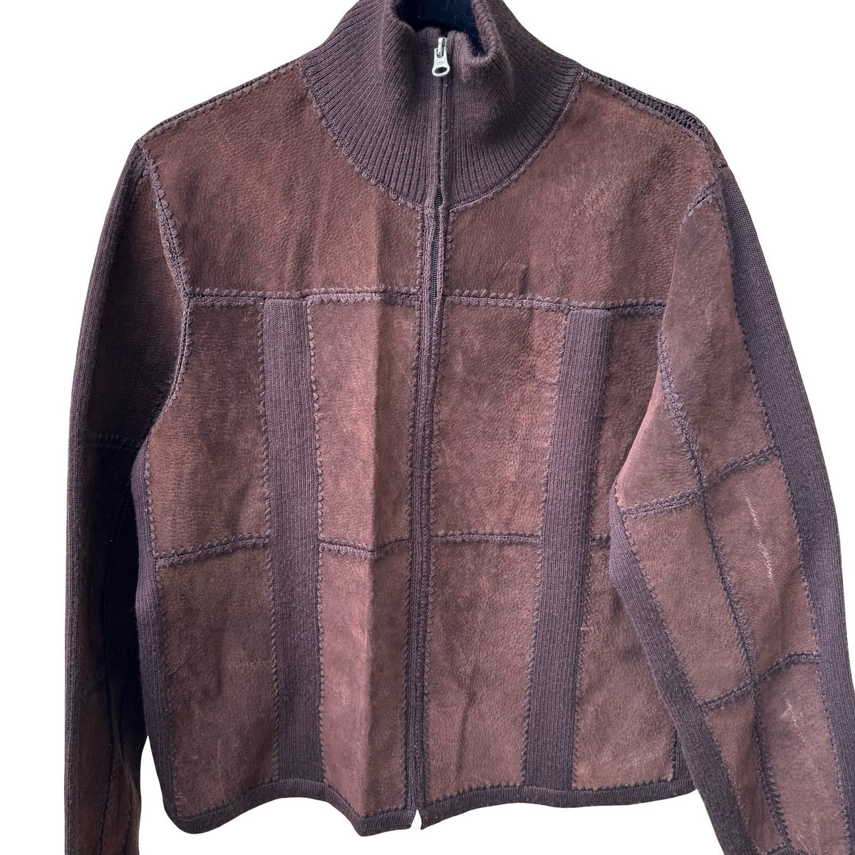 Suede Essentials Boho Western Earthy Patchwork Mock Neck Zip Jacket Brown L