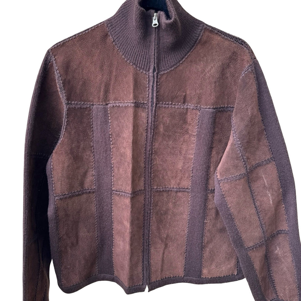 Suede Essentials Boho Western Earthy Patchwork Mock Neck Zip Jacket Brown L