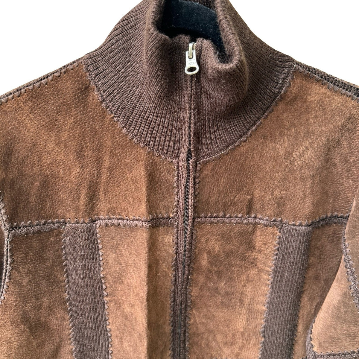 Suede Essentials Boho Western Earthy Patchwork Mock Neck Zip Jacket Brown L