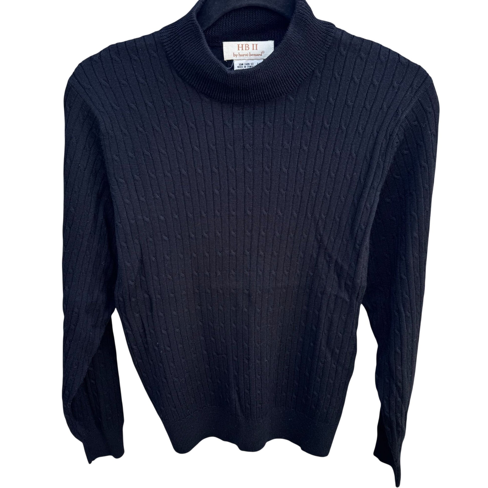 Harve Benard HBII Vintage Black Cable Knit Womens M Mock Neck Sweater Wool Blend