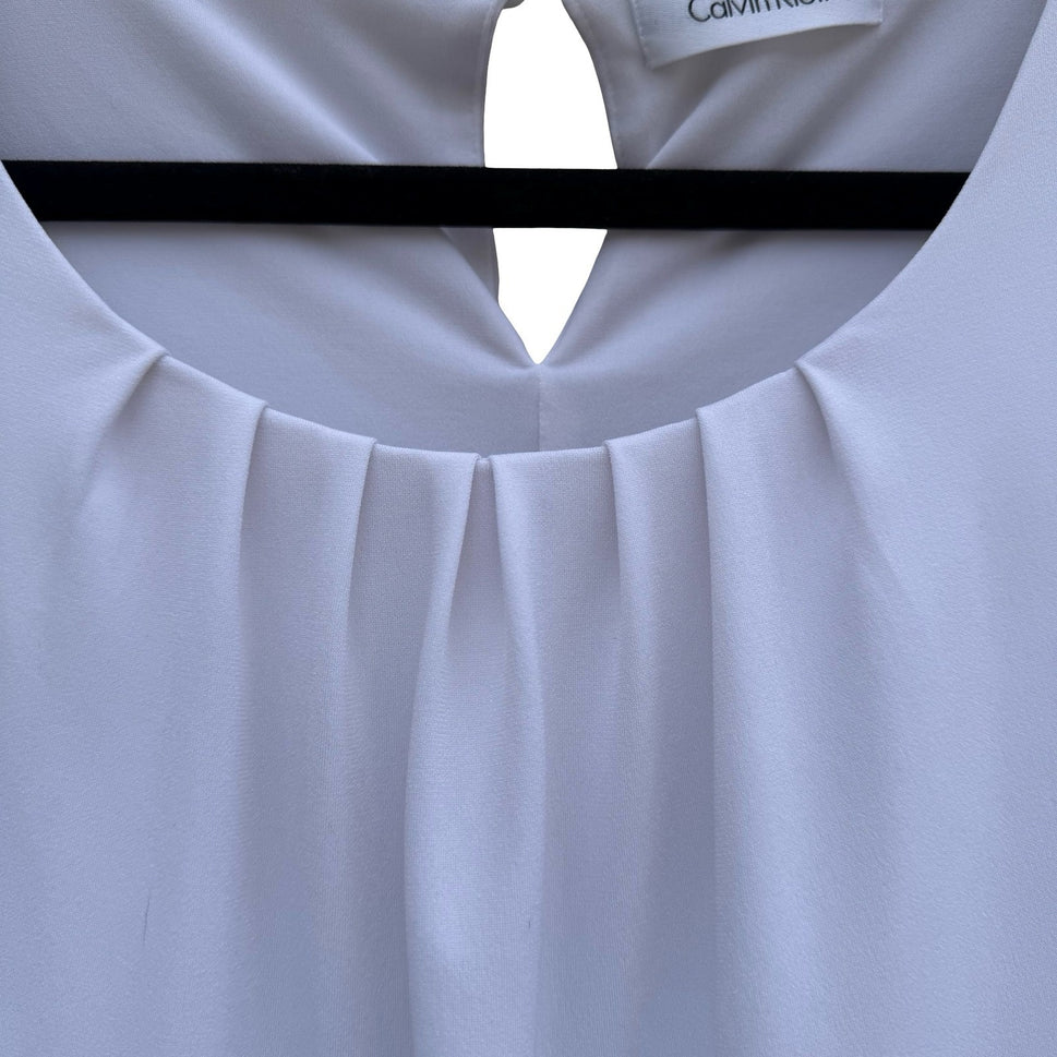 Calvin Klein White Sleeveless Pleated Scoop Neck Keyhole Back Blouse Minimalist