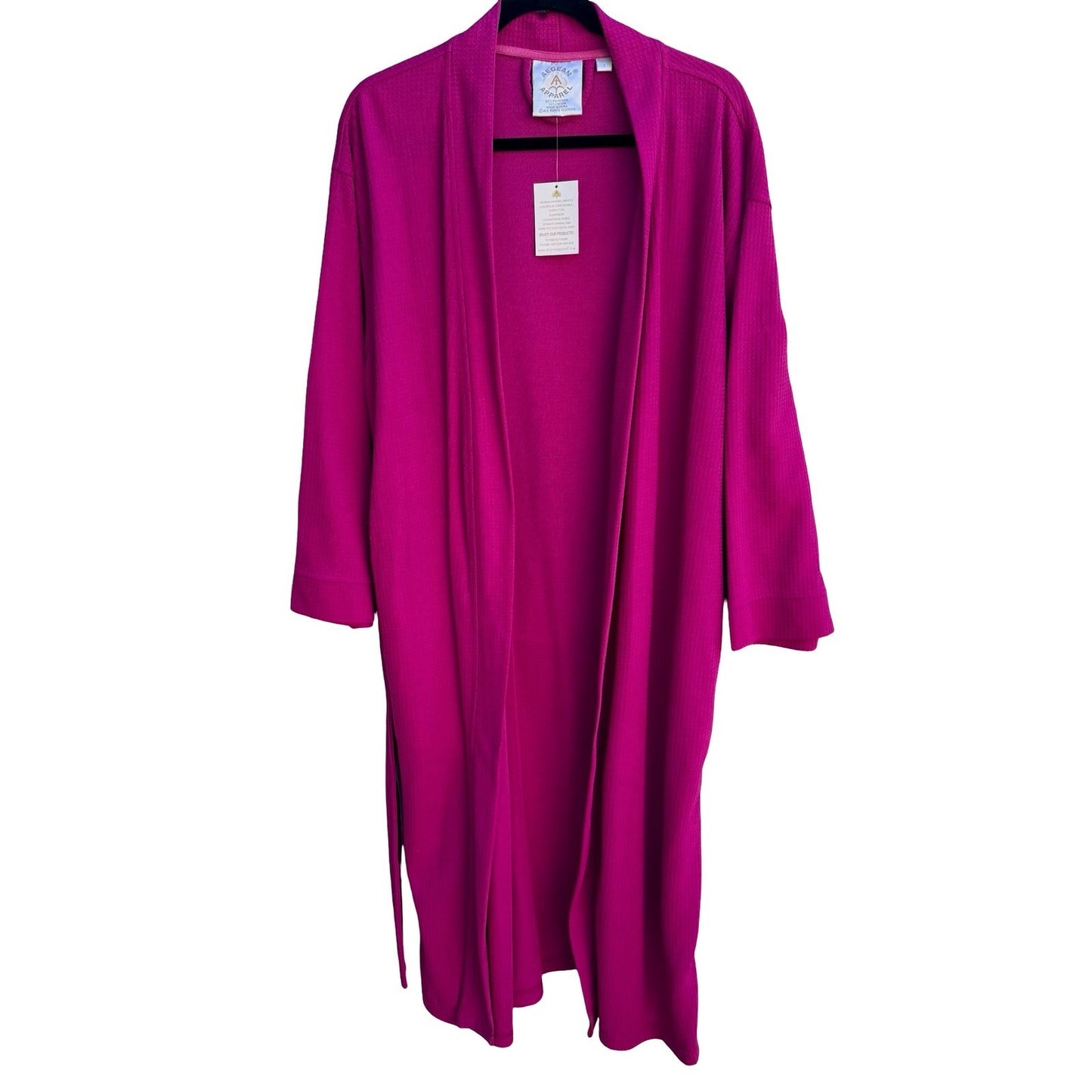 Aegean Apparel Womens Waffle Knit Robe Fuchsia Pink Long Spa Bathrobe Size L NEW