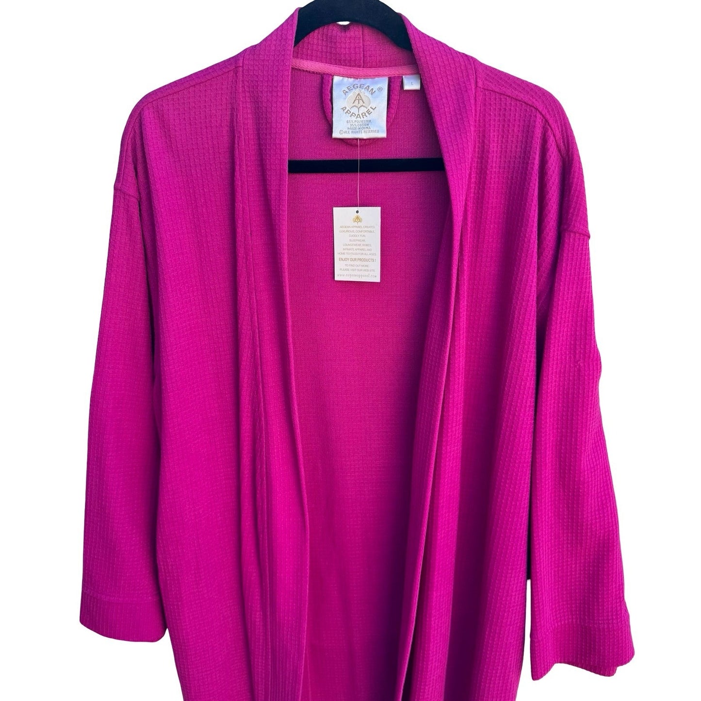 Aegean Apparel Womens Waffle Knit Robe Fuchsia Pink Long Spa Bathrobe Size L NEW