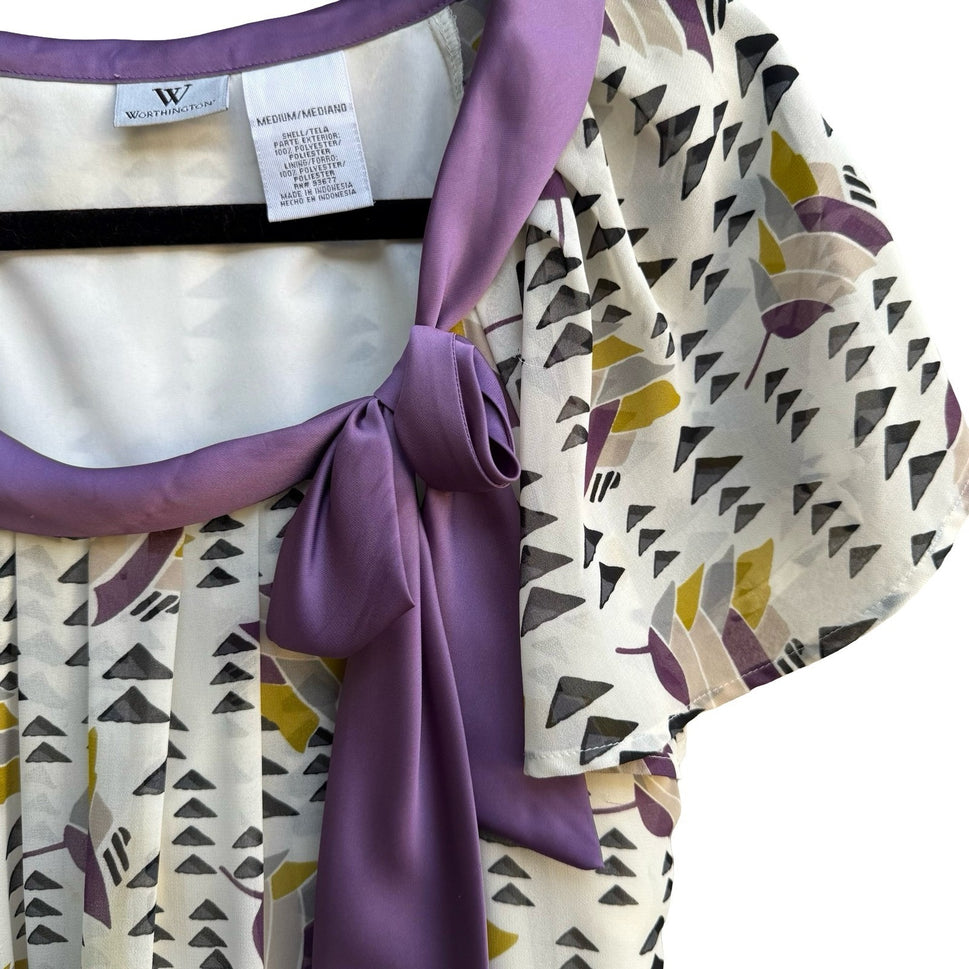 Worthington Whimsigoth Flowy Geometric Bow Neck Flutter Sleeve Blouse Purple M