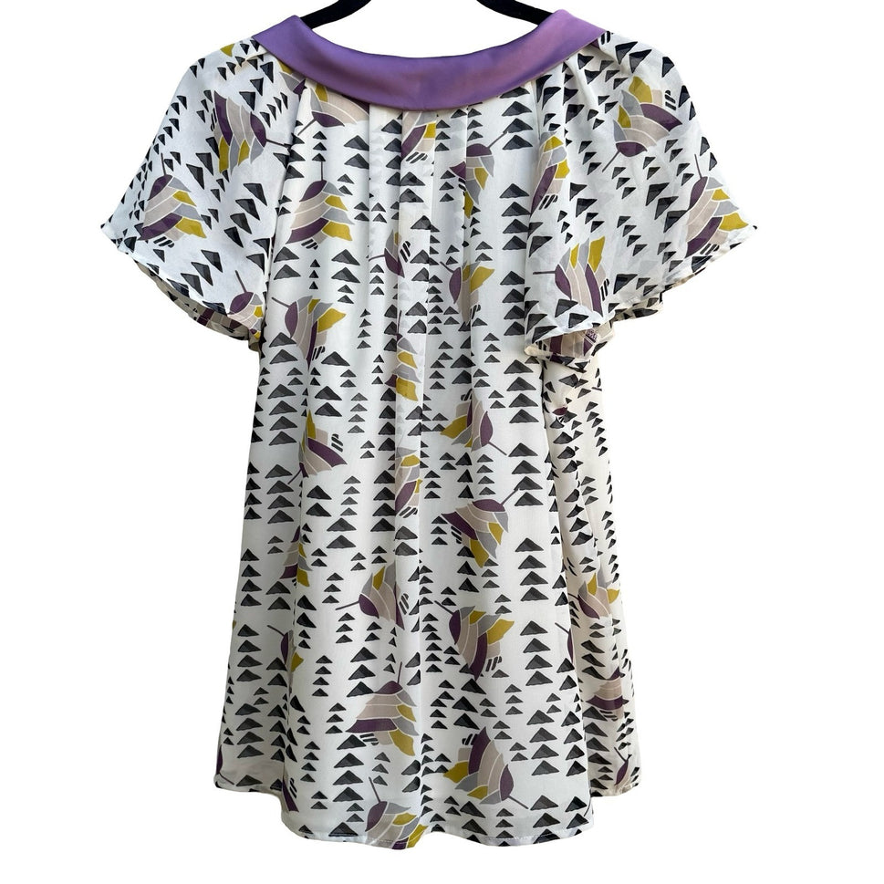Worthington Whimsigoth Flowy Geometric Bow Neck Flutter Sleeve Blouse Purple M